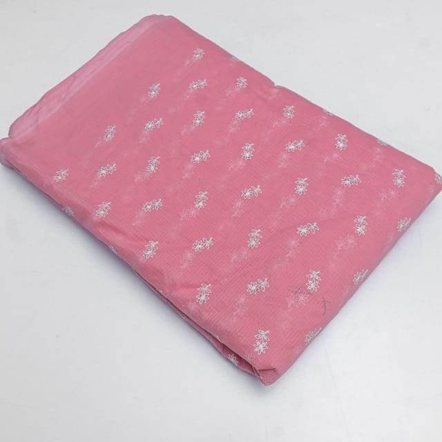 Pink Colour Kota Doria Embroidered Fabric