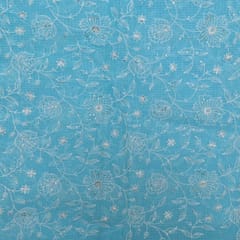 Firozi Colour Kota Doria Embroidered Fabric