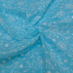 Firozi Colour Kota Doria Embroidered Fabric