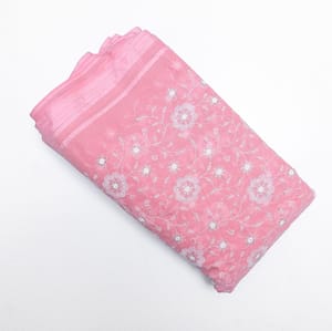 Pink Colour Kota Doria Embroidered Fabric