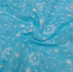 Firozi Colour Kota Doria Embroidered Fabric