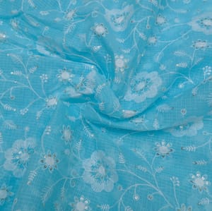 Firozi Colour Kota Doria Embroidered Fabric