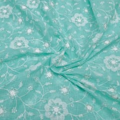 Green Colour Kota Doria Embroidered Fabric