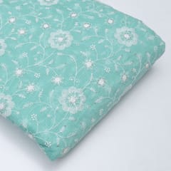 Green Colour Kota Doria Embroidered Fabric