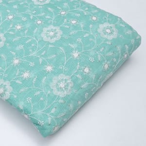 Green Colour Kota Doria Embroidered Fabric