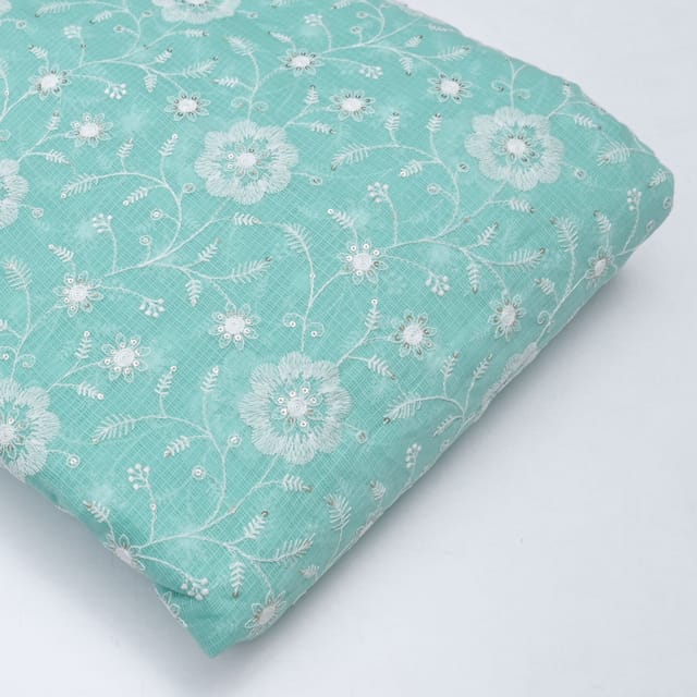 Green Colour Kota Doria Embroidered Fabric