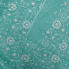 Green Colour Kota Doria Embroidered Fabric