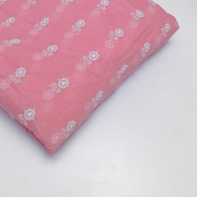 Pink Colour Kota Doria Embroidered Fabric