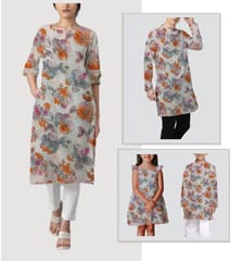 Orange With Pink Shades Floral, Off White Muslin Print Fabric