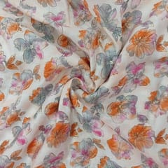 Orange With Pink Shades Floral, Off White Muslin Print Fabric
