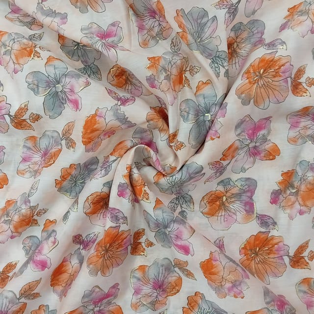 Orange With Pink Shades Floral, Off White Muslin Print Fabric