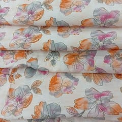 Orange With Pink Shades Floral, Off White Muslin Print Fabric
