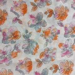 Orange With Pink Shades Floral, Off White Muslin Print Fabric