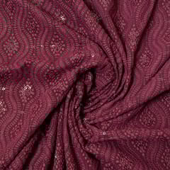 Wine Colour Georgette Chikan Embroidered Fabric