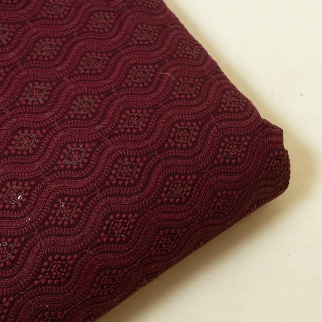Wine Colour Georgette Chikan Embroidered Fabric