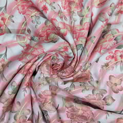 White With Pink Floral, Curve Lines Muslin Print Fabric