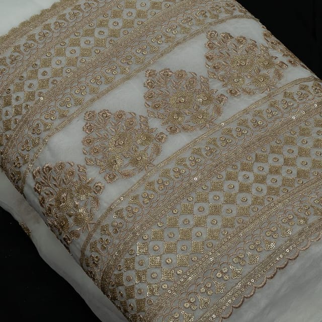 White Colour Dyeable Georgette Zari Embroidered Fabric