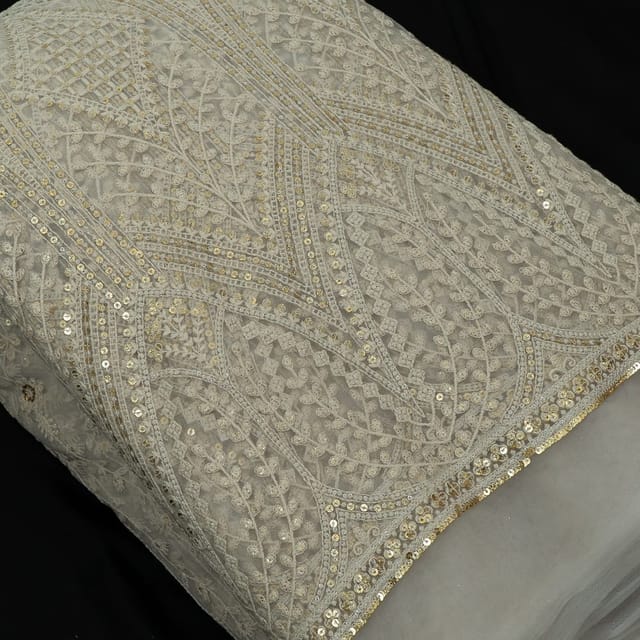 White Colour Dyeable Net Sequins and Thread Embroidered Fabric