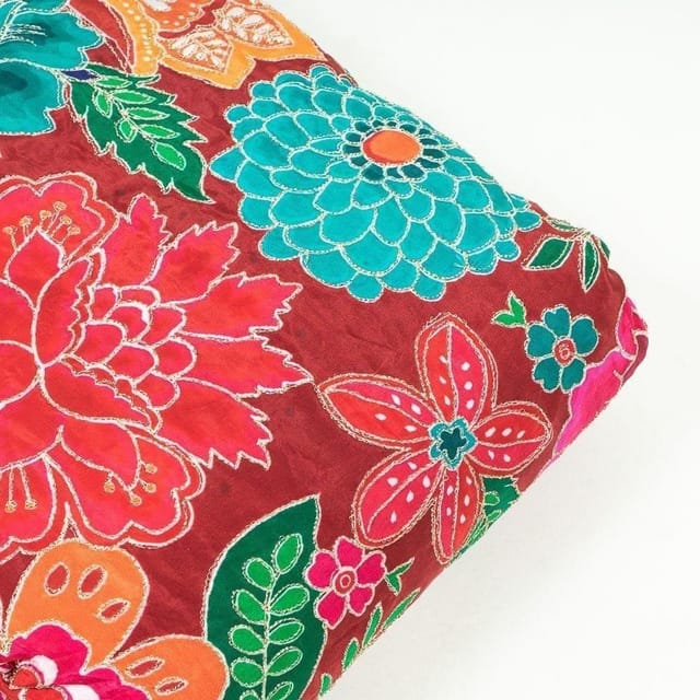 Maroon Colour Viscose Crepe Print with Embroidered Fabric