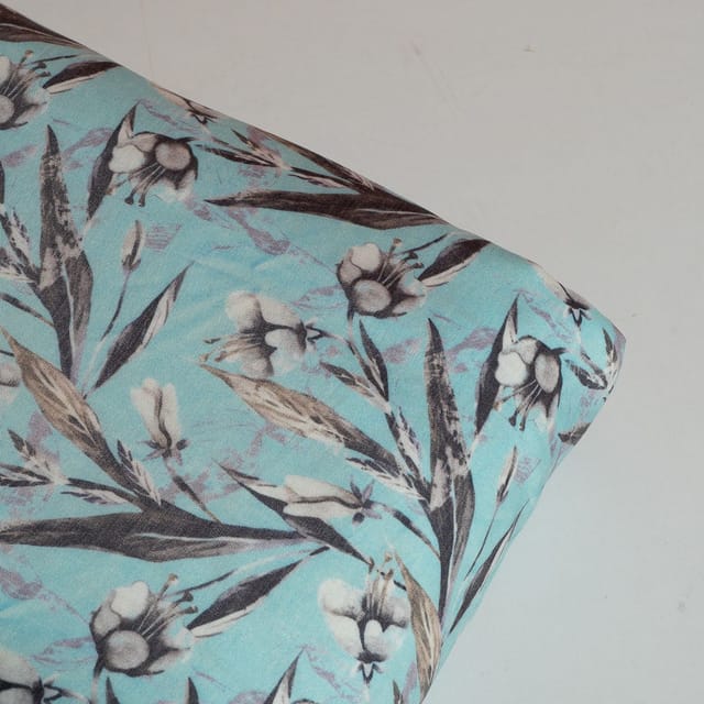 Sky Blue Colour Poplin Lycra Printed Fabric