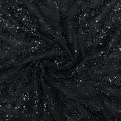 Black Colour Net Hand Embroidered Fabric