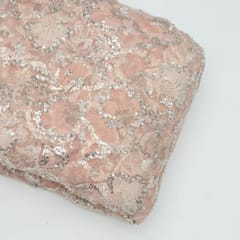 Peach Colour Net Hand Embroidered Fabric