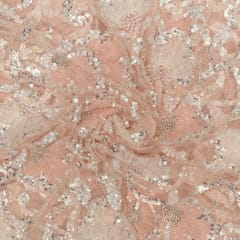 Peach Colour Net Hand Embroidered Fabric