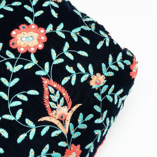 Navy Blue Colour Velvet Embroidered Fabric
