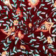 Maroon Colour Velvet Embroidered Fabric