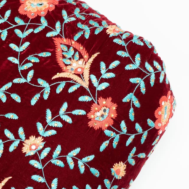 Maroon Colour Velvet Embroidered Fabric
