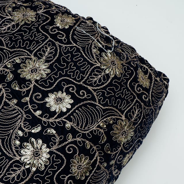 Navy Blue Colour Velvet Embroidered Fabric