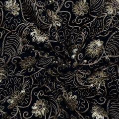 Navy Blue Colour Velvet Embroidered Fabric