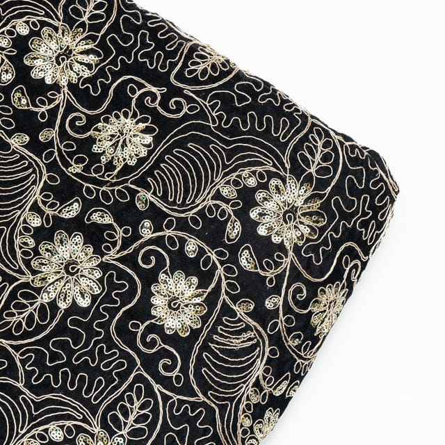 Black Colour Velvet Embroidered Fabric