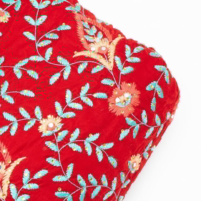 Red Colour Velvet Embroidered Fabric