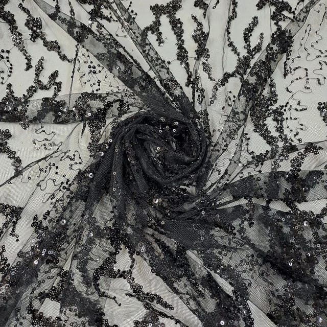 Black Colour Net Embroidered Fabric