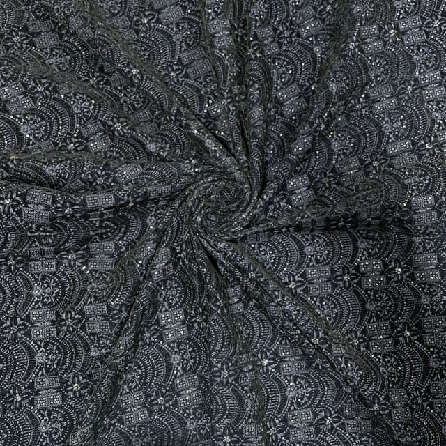 Navy Blue Colour Velvet Embroidered Fabric
