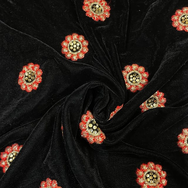 Orange Colour Velvet Embroidered Fabric