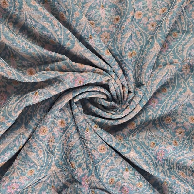 Sky Blue Colour Dola Silk Print with Embroidered Fabric