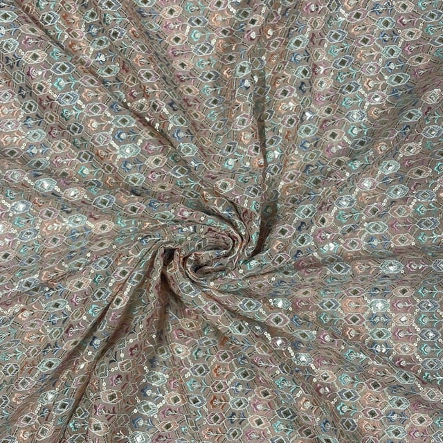 Peach Colour Georgette Embroidered Fabric