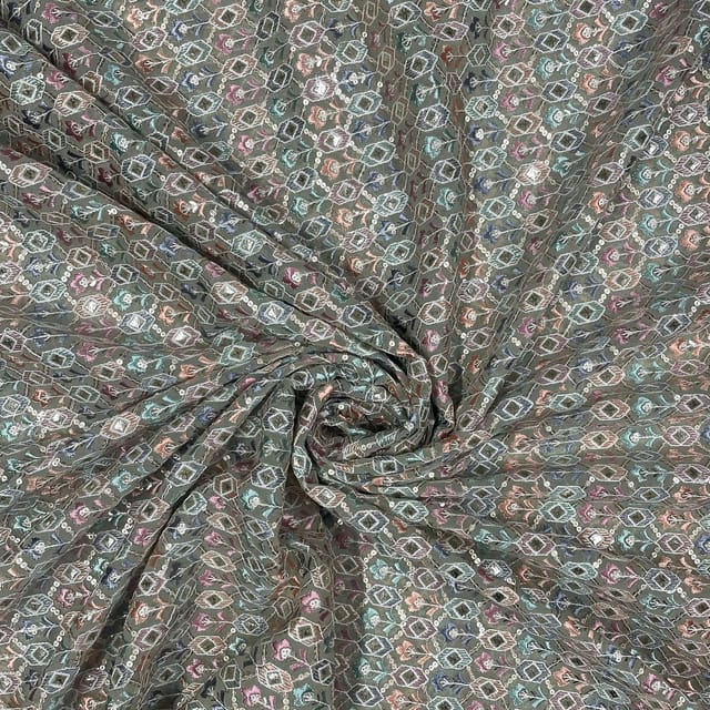 Olive Green Colour Georgette Embroidered Fabric