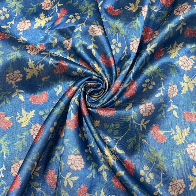 Blue Colour Semi Tussar Printed Fabric