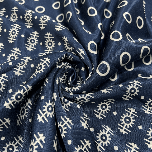 Navy Blue With Cream Floral Printed Mashru Silk Fabric