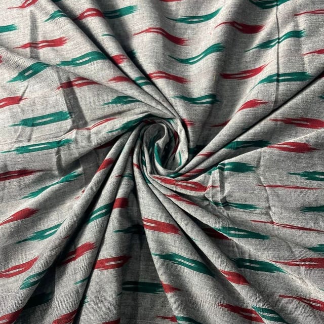 Grey and Green Colour Cotton Ikat Fabric