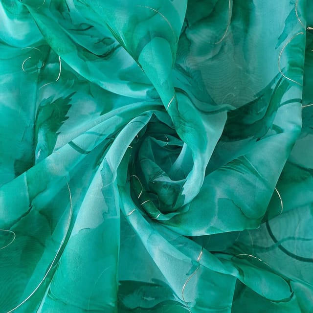 Green Colour Semi Organza Printed Fabric