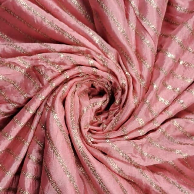 Peach Colour Chinon Embroidered Fabric