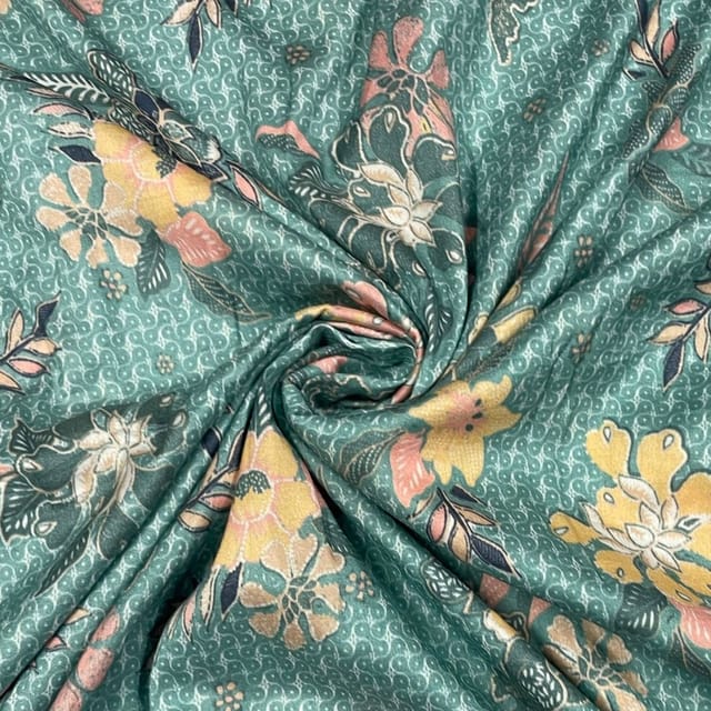 Sea Green Colour Pure Chanderi Printed Fabric