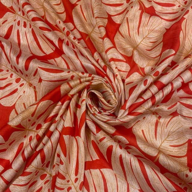 Orange Colour Pure Chanderi Printed Fabric