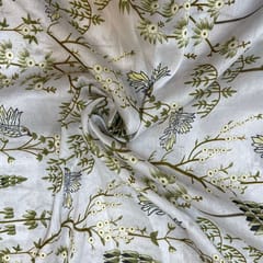 White Colour Pure Chanderi Silk Printed Fabric