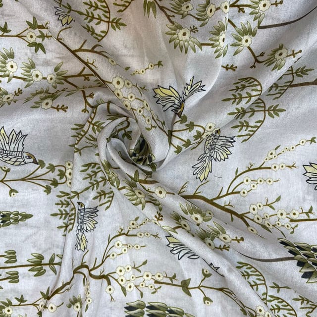 White Colour Pure Chanderi Silk Printed Fabric
