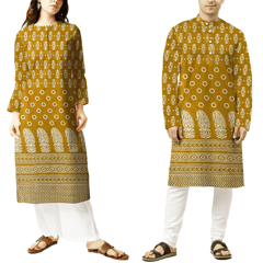 Golden With Cream Floral Printed Mashru Silk Fabric